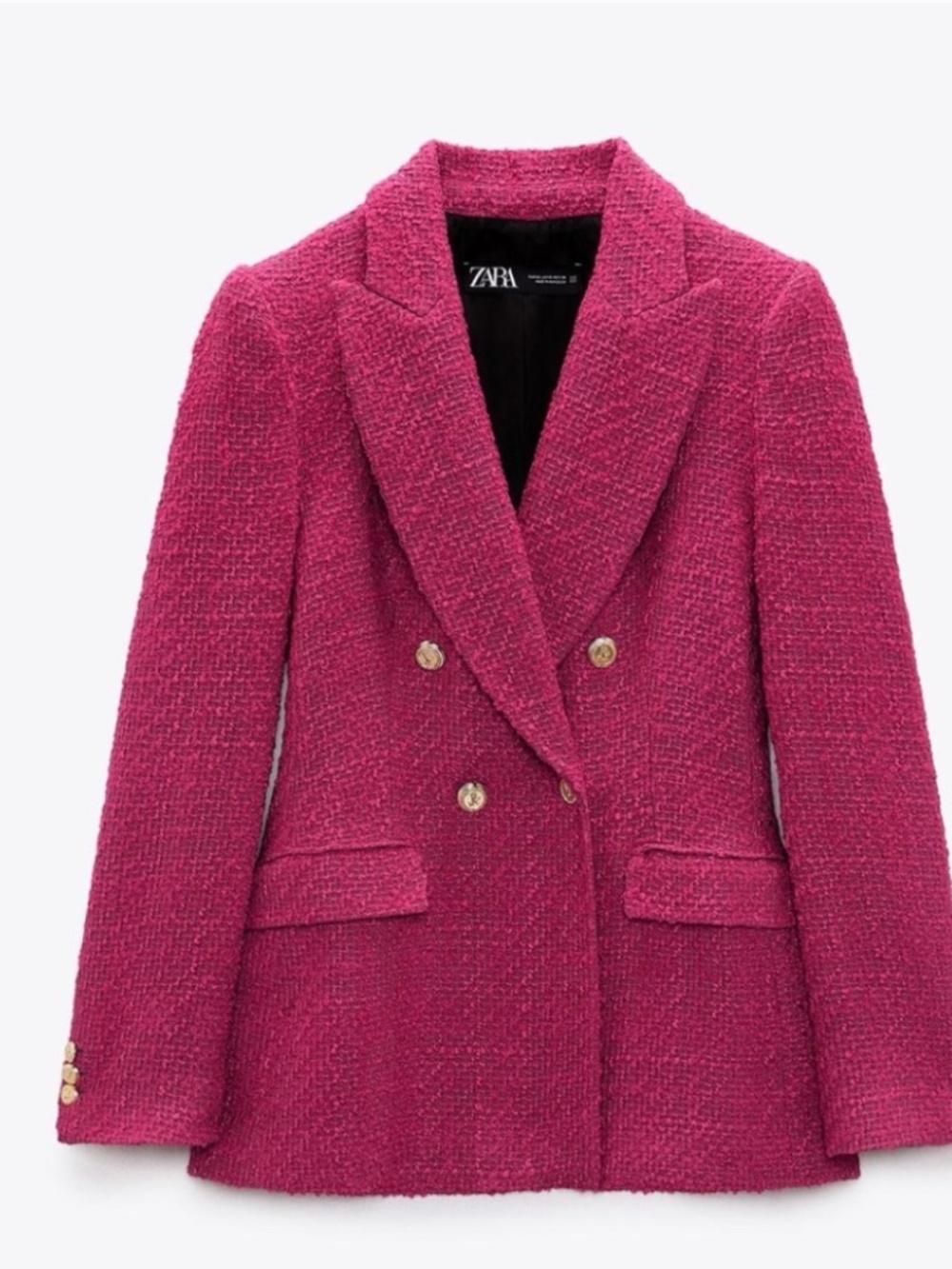 Zara Fuchsia Pink Double-Breasted Tweed Blazer with Gold Buttons Size Small - Picture 1 of 14